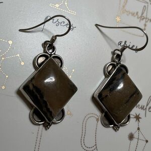 Vintage Sterling Silver and Brown Square Stone Hook Dangle Earrings 925 heavy